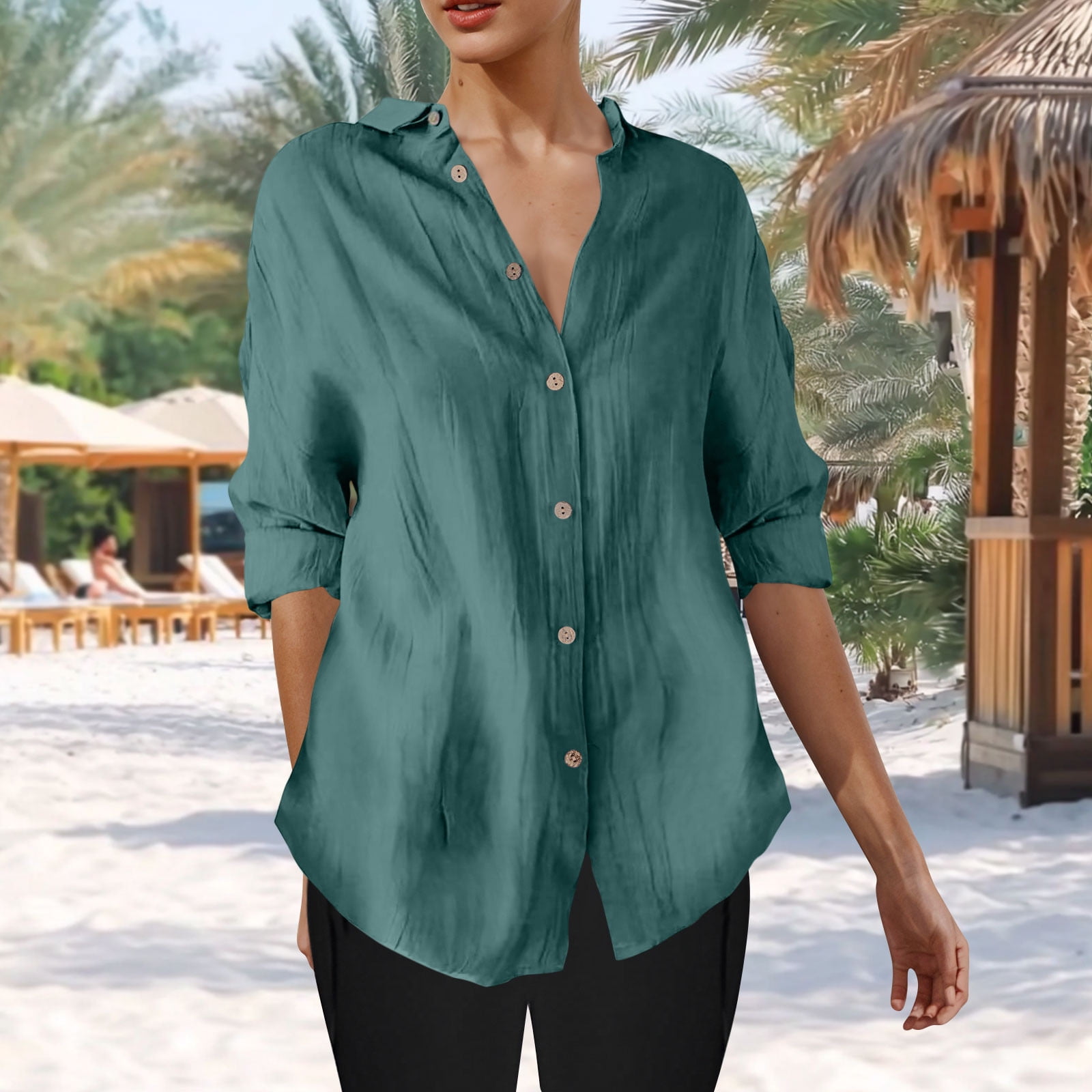 ylioge S-4X Plus Size Shirts for Women 3/4 Sleeve Button-Down Blouses Tops Womens Casual Lightweight Solid Color Collared Work Tshirts Top