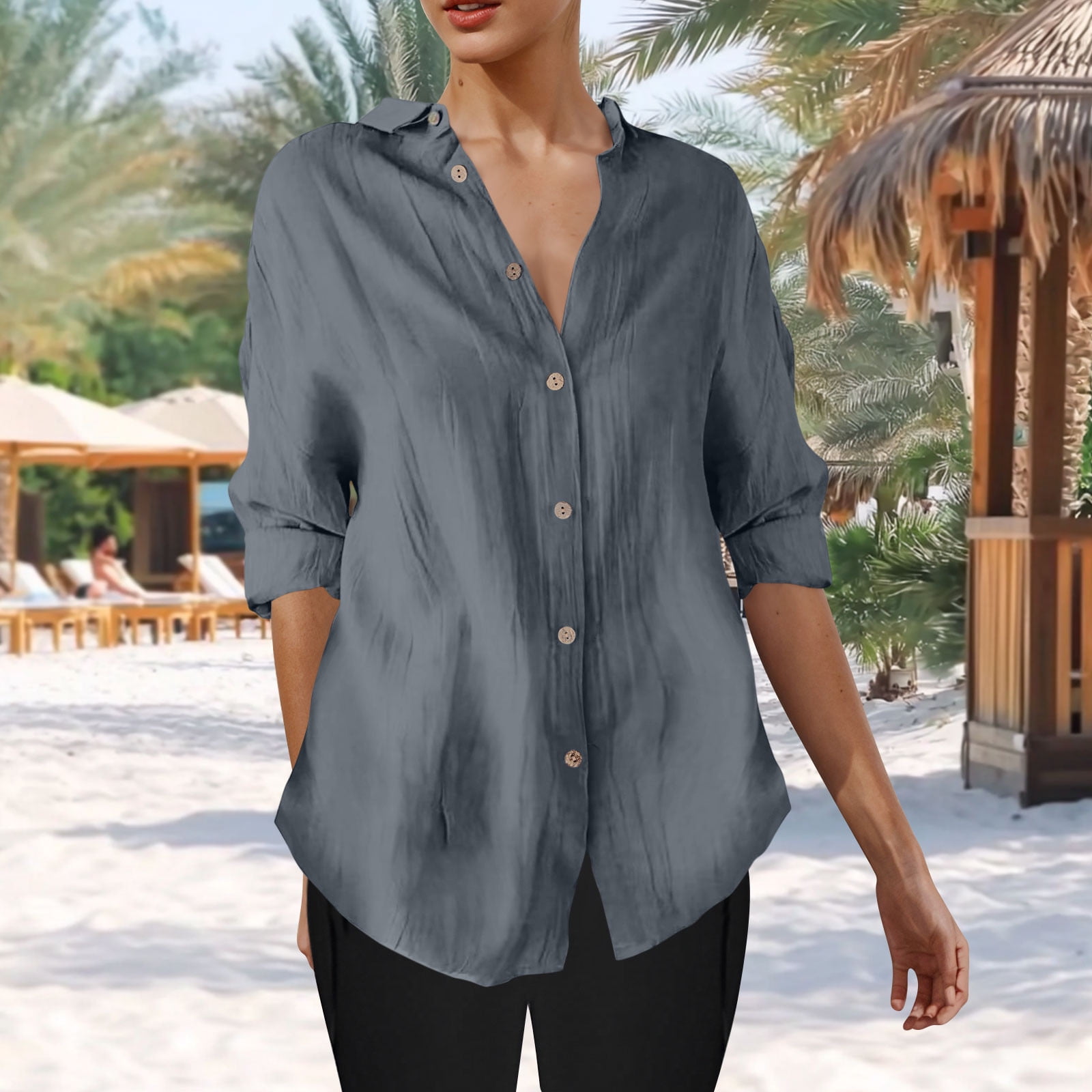 ylioge S-4X Plus Size Shirts for Women 3/4 Sleeve Button-Down Blouses Tops Womens Casual Lightweight Solid Color Collared Work Tshirts Top