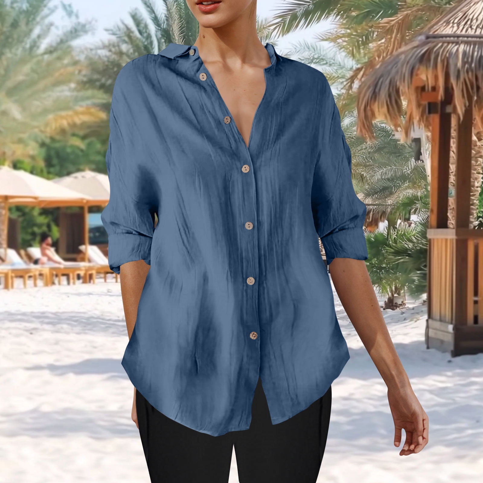 ylioge S-4X Plus Size Shirts for Women 3/4 Sleeve Button-Down Blouses Tops Womens Casual Lightweight Solid Color Collared Work Tshirts Top