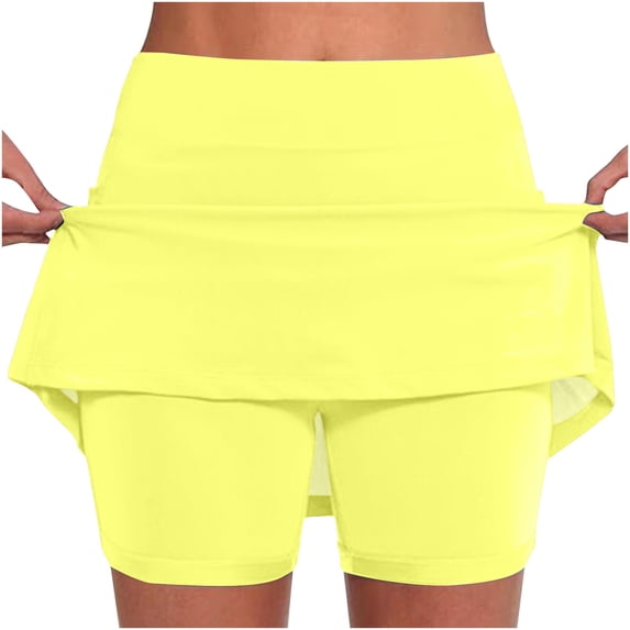 ylioge S-4X Plus Size Skorts for Women with Liner Mid Rise Shorts Womens Casual Solid Color Stretchy Slim Athletic Workout Running Yoga Short