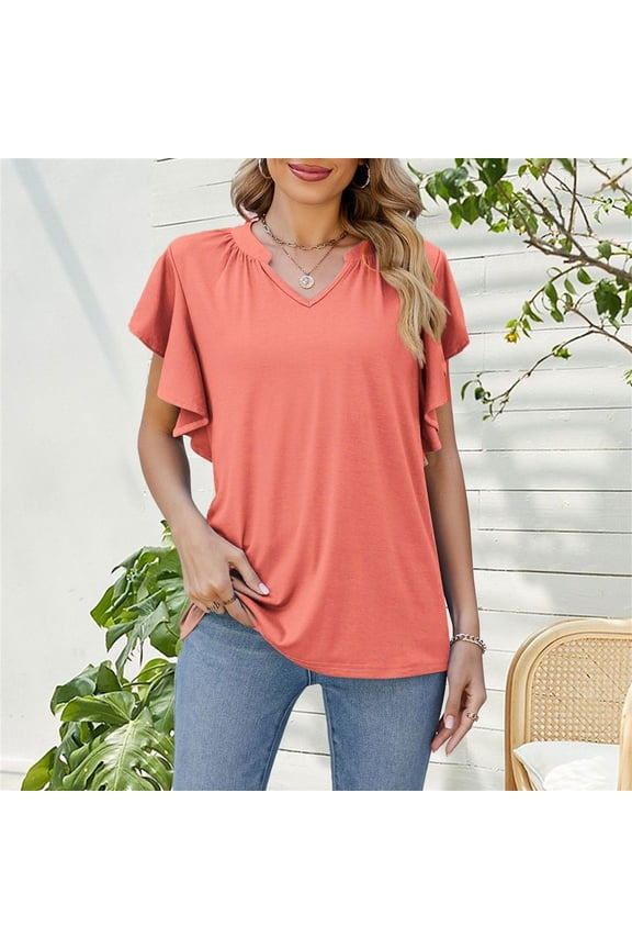 S-4X Plus Size T Shirts for Women Flutter-Sleeve V Neck Tops Womens Casual Solid Color Pullover Breathable Going-Out Work Blouses Top