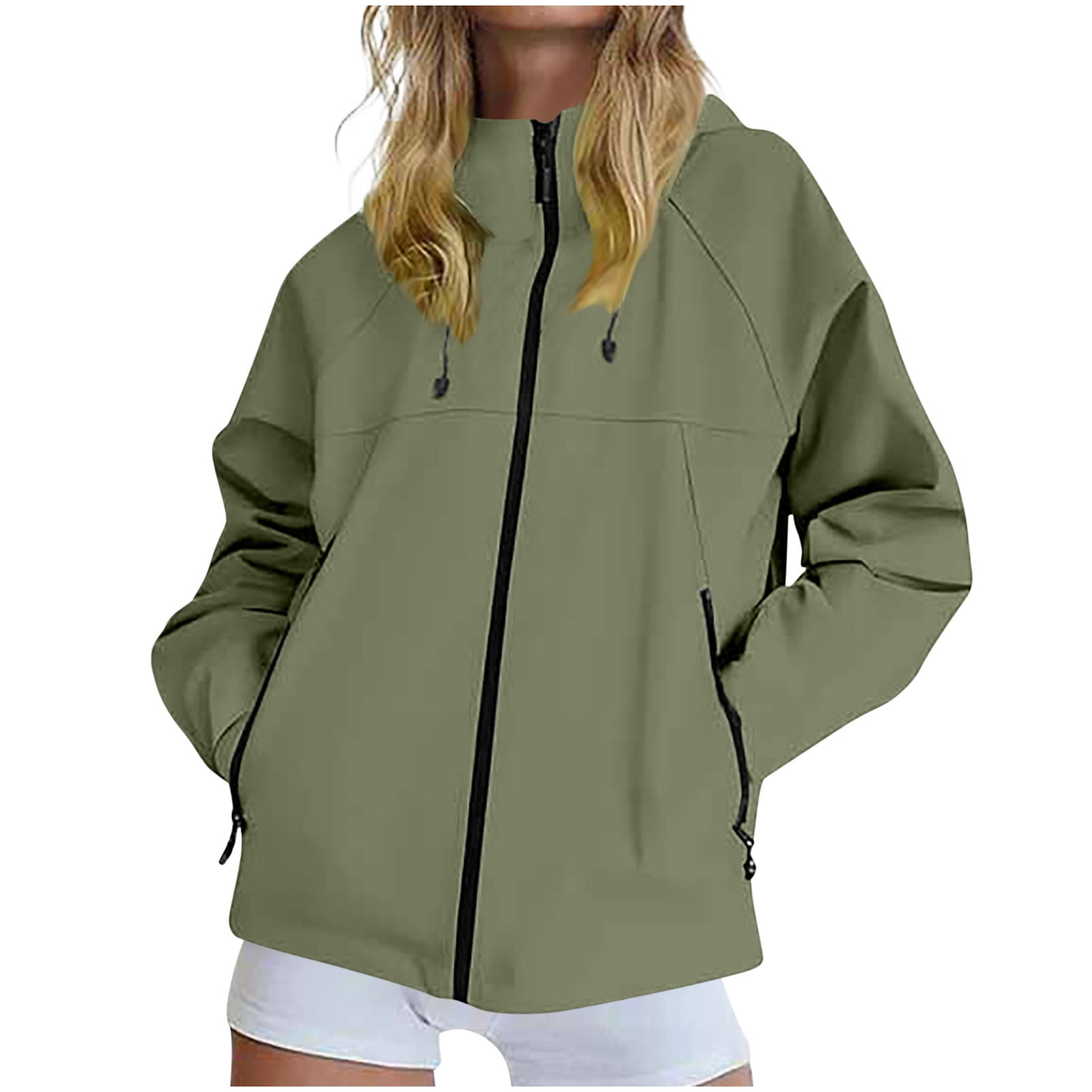 ylioge S-4X Plus Size Women Rain Jackets with Zipper Pockets and Hoodie Long Sleeve Casual Solid Color Zip Up Lightweight Waterproof Hiking Raincoats