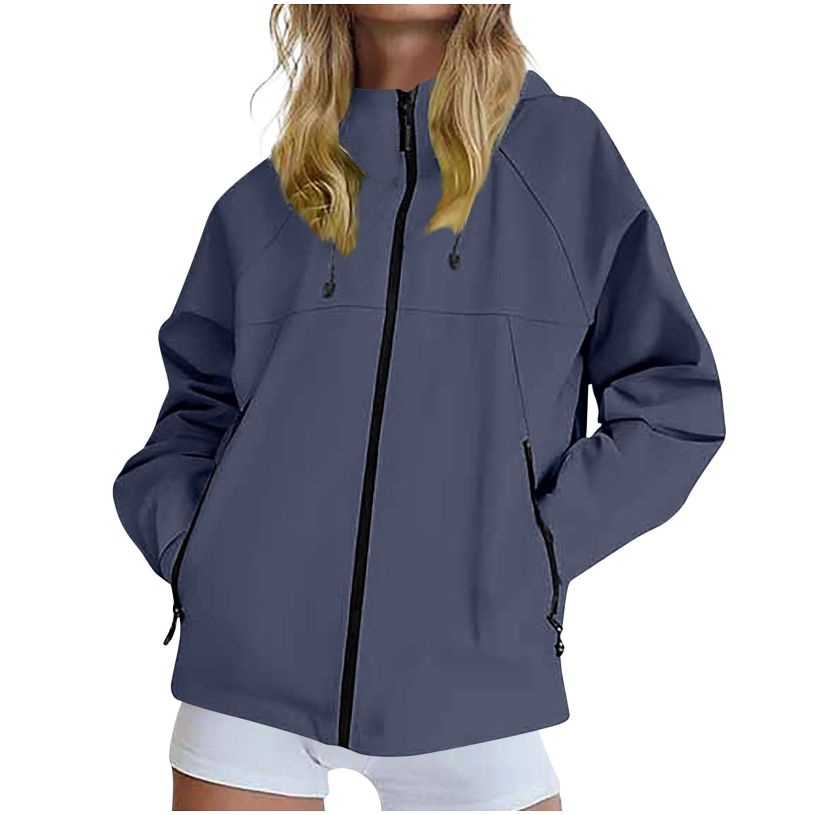 ylioge S-4X Plus Size Women Rain Jackets with Zipper Pockets and Hoodie Long Sleeve Casual Solid Color Zip Up Lightweight Waterproof Hiking Raincoats