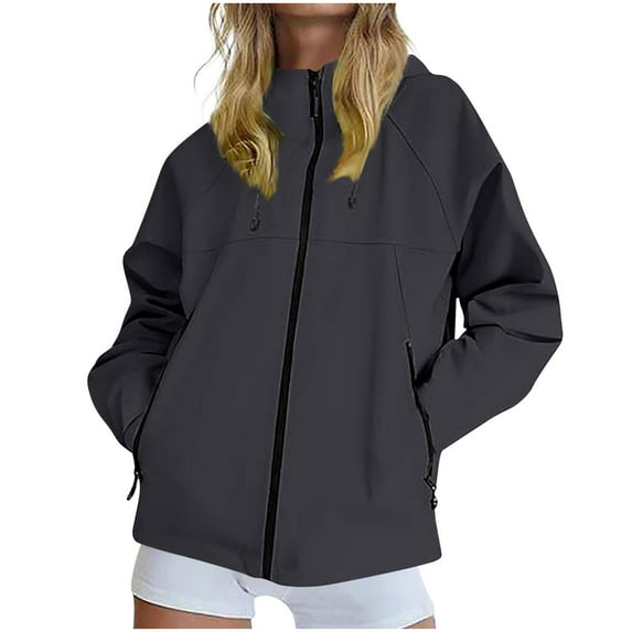 ylioge S-4X Plus Size Women Rain Jackets with Zipper Pockets and Hoodie Long Sleeve Casual Solid Color Zip Up Lightweight Waterproof Hiking Raincoats