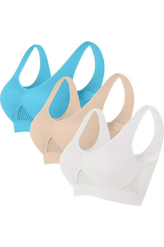 S-5X 3 Pack Plus Size Womens Sports Bras Push Up No Underwire Bralettes Lightweight Breathable Hollow Out Pullover Yoga Underwear Bra