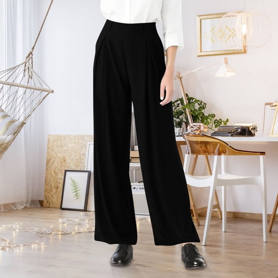 ylioge S-5X Plus Size Dress Pants for Women with Pockets Straight Wide Leg Trousers Womens Business Casual Solid Color Elastic High Waisted Work Pant