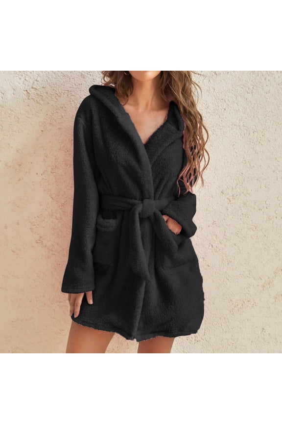 S-5X Plus Size Fleece Robes for Women Flannel Bathrobes with Pockets, Hoodie & Belt Thermal Warm Long Sleeve Short Length Homewear Bath Robe