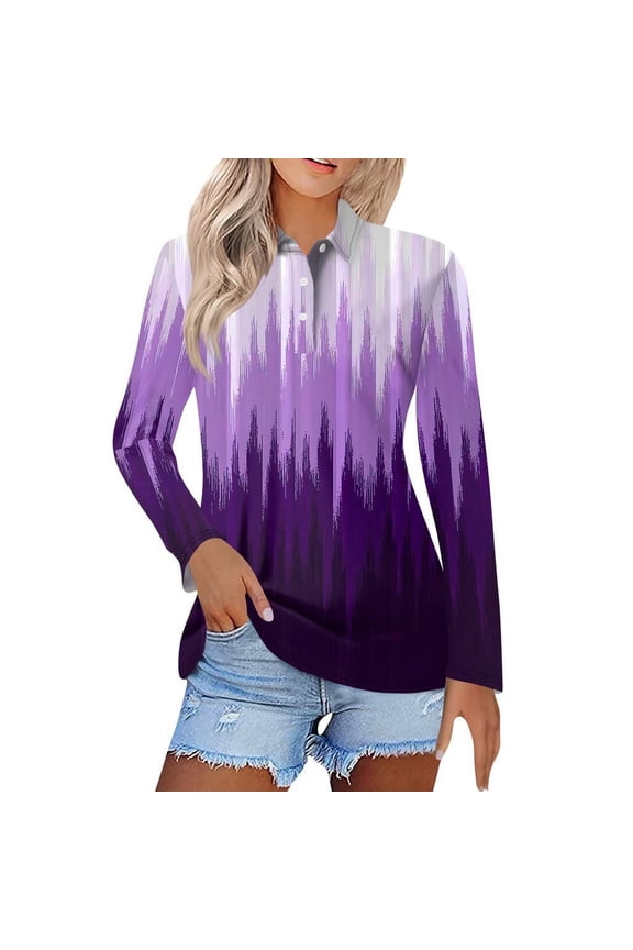 S-5X Plus Size Golf Shirts for Women with Button Collared Long Sleeve Tops Womens Trendy Gradient Printed Pullover Athletic Workout Top