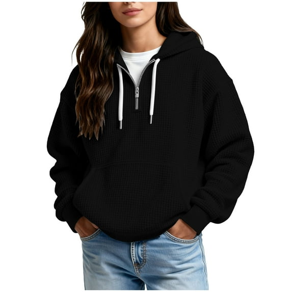 ylioge S-5X Plus Size Hoodies for Women with Pocket and Zipper Waffleknit Sweatshirts Womens Long Sleeve Solid Color Pullover Going-Out Hoodie Tops