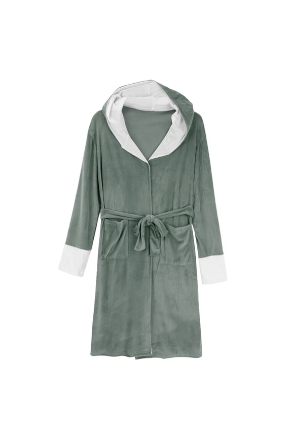 S-5X Plus Size Robes for Women Long Sleeve Fleece Bathrobes with Pockets, Hoodie & Belt Casual Solid Color Open Front Sleepwear Bath Robe