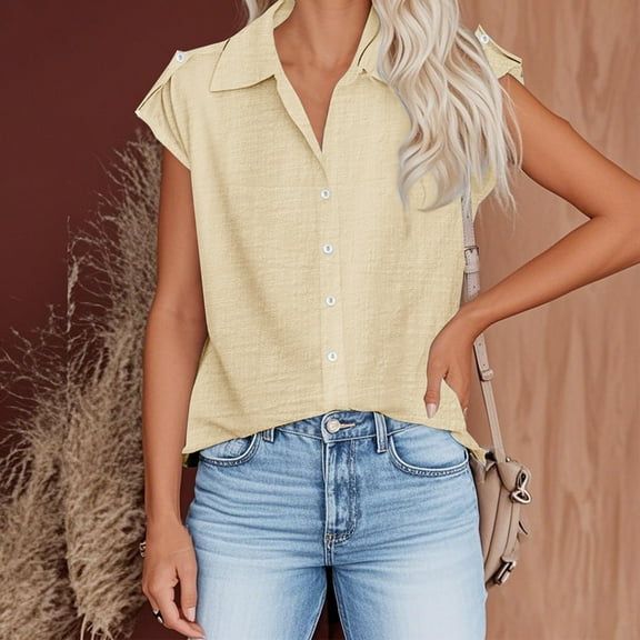 ylioge S-5X Plus Size Shirts for Women Cap Sleeve Button-Down Collared Blouses Womens Casual Lightweight Solid Color Going-Out Beach Tees Tops