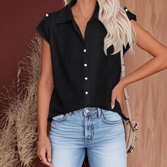 ylioge S-5X Plus Size Shirts for Women Cap Sleeve Button-Down Collared Blouses Womens Casual Lightweight Solid Color Going-Out Beach Tees Tops