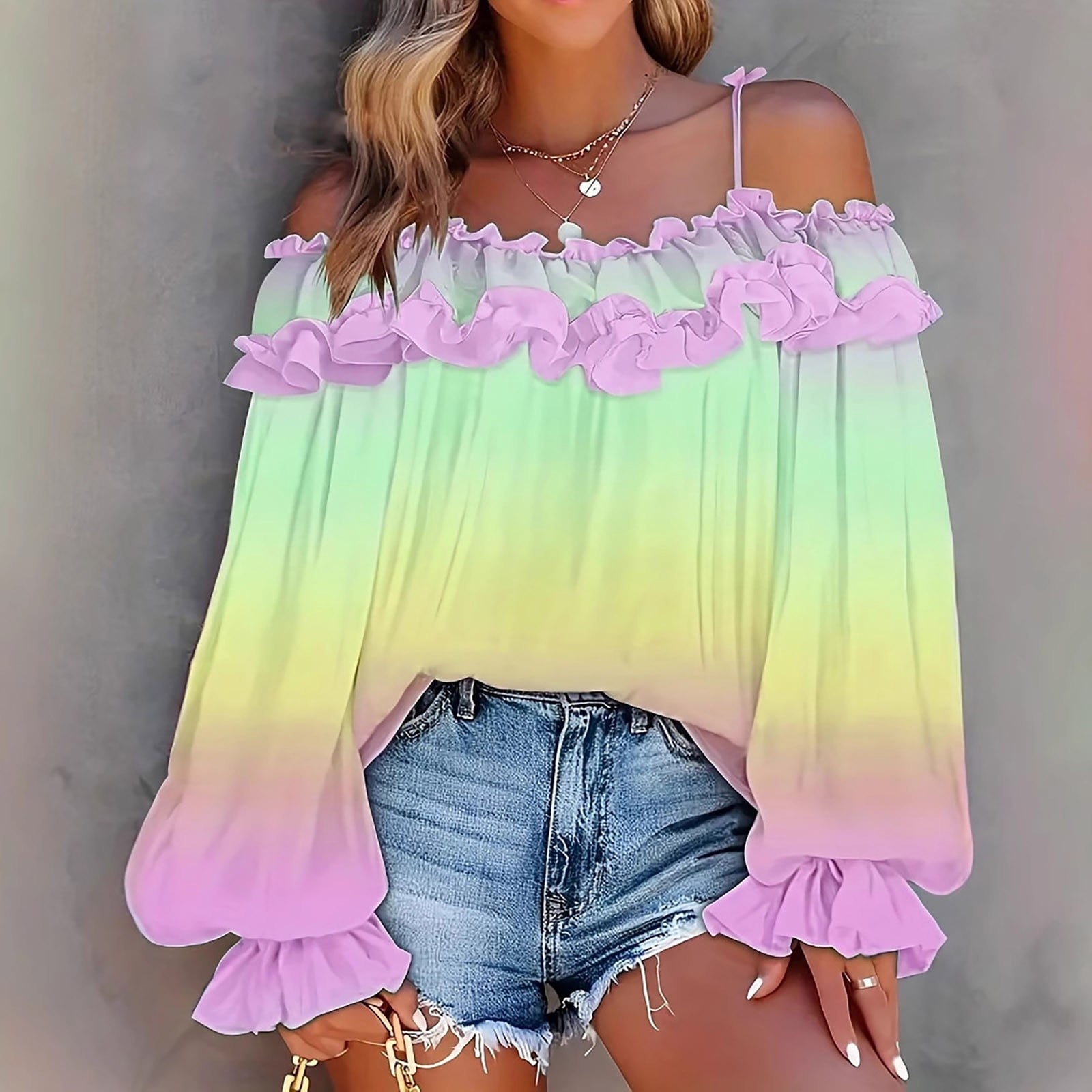 ylioge S-5X Plus Size Shirts for Women Off the Shoulder Long Sleeve Blouses Tops Womens Trendy Gradient Printed Ruffled Pullover Hawaiian Beach Top