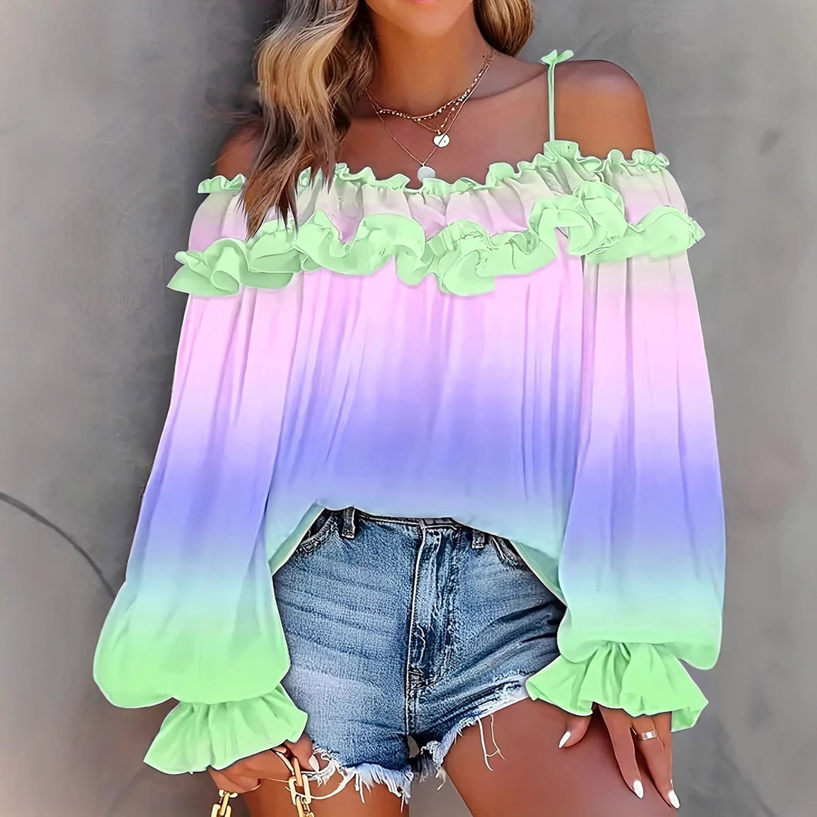 ylioge S-5X Plus Size Shirts for Women Off the Shoulder Long Sleeve Blouses Tops Womens Trendy Gradient Printed Ruffled Pullover Hawaiian Beach Top