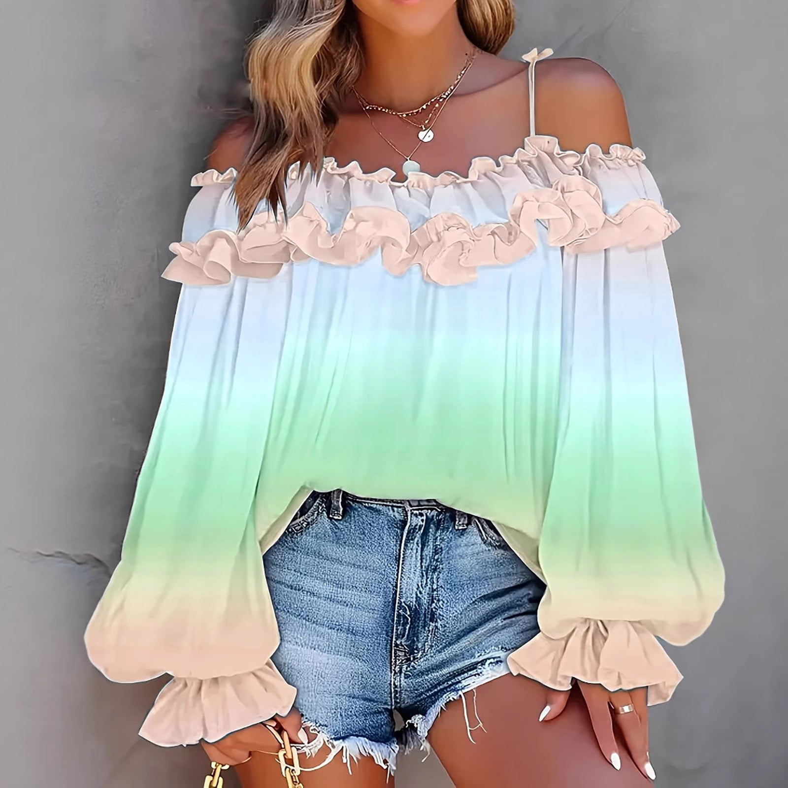 ylioge S-5X Plus Size Shirts for Women Off the Shoulder Long Sleeve Blouses Tops Womens Trendy Gradient Printed Ruffled Pullover Hawaiian Beach Top