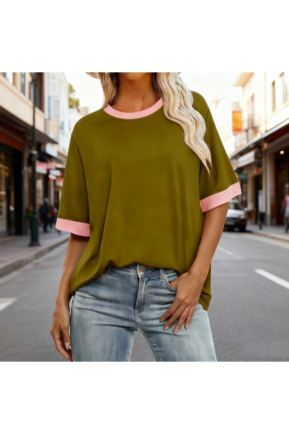 S-5X Plus Size T Shirts for Women Short Sleeve Crewneck Tees Tops Womens Casual Color Block Pullover Breathable Basic Blouses Top