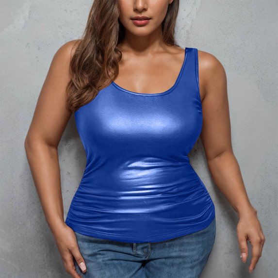 ylioge S-5X Plus Size Tank Tops for Women Sleeveless Crewneck Pu-Leather Vests Womens Trendy Solid Color Stretchy Slim Pullover Party Camisoles Top