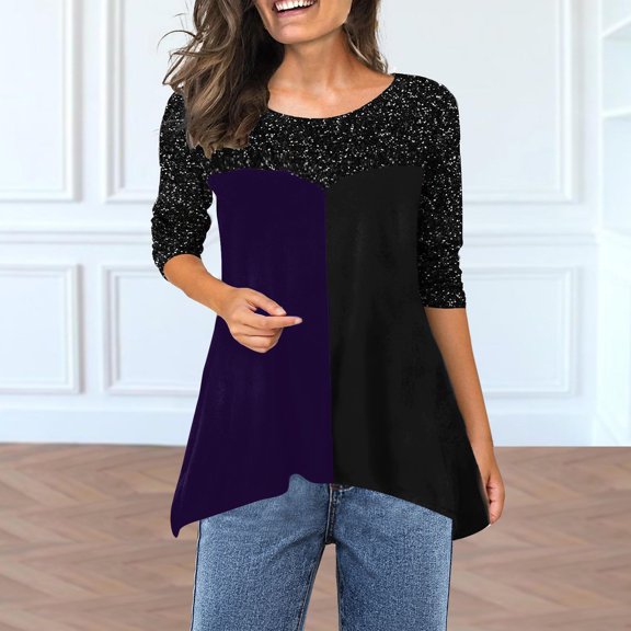 ylioge S-5X Plus Size Tops for Women Long Sleeve Crewneck Shirts Womens Trendy Color Block Pullover Irregular-Hem Going-Out Blouses Top