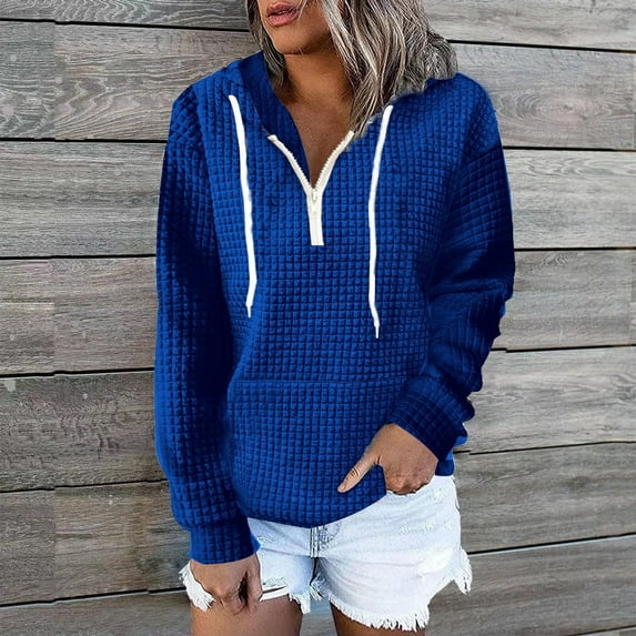 ylioge S-5X Plus Size Waffleknit Hoodies for Women with Zipper and Pocket Long Sleeve Sweatshirts Pullover Solid Color Raglan Going-Out Hoodie Tops
