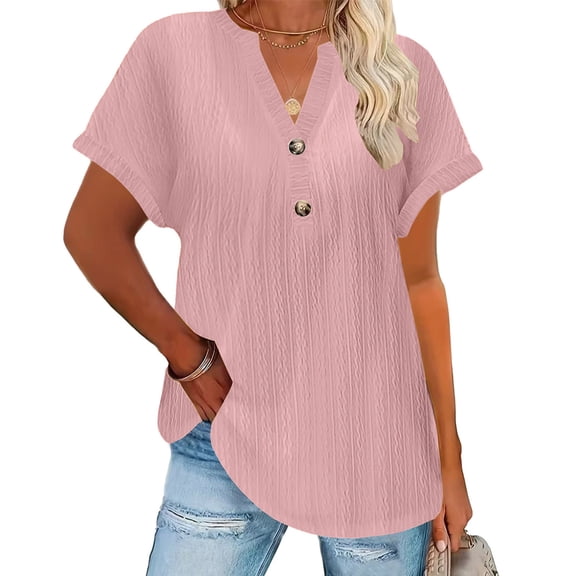 ylioge S-5X Plus Size Womens Button V Neck T Shirts Short Sleeve Blouse Tops Ladies Casual Solid Color Pullover Breathable Going-Out Work Tees Top
