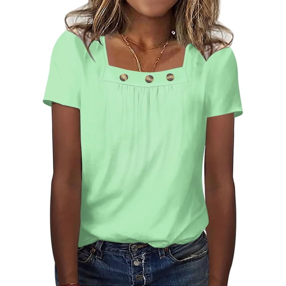 ylioge S-5X Plus Size Womens Square-Neck Tops Short Sleeve T Shirts Womens Casual Solid Color Loose Pullover Going-Out Work Blouses Top