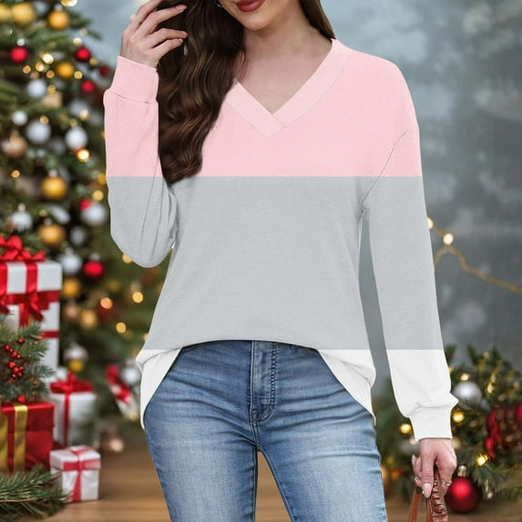 ylioge S-5X Plus Size Womens V Neck Sweatshirts Long Sleeve Shirts Casual Color Block Pullover Comfortable Athletic Workout Sweatshirt Tops