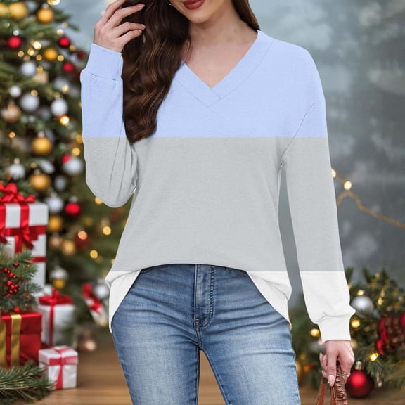 ylioge S-5X Plus Size Womens V Neck Sweatshirts Long Sleeve Shirts Casual Color Block Pullover Comfortable Athletic Workout Sweatshirt Tops