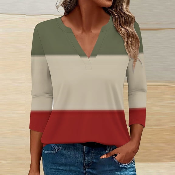 ylioge S-5X Womens Plus Size 3/4 Sleeve T Shirts V Neck Tops Ladies Casual Color Block Pullover Basic Comfortable Going-Out Loungewear Tees Top