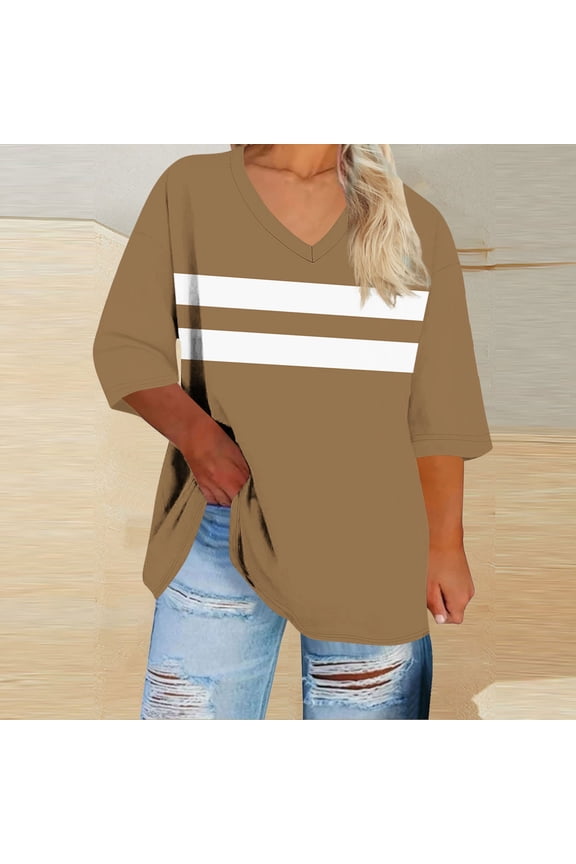 S-5X Womens Plus Size T Shirts 3/4 Sleeve V Neck Tees Tops Ladies Casual Color Block Loose Pullover Basic Going-Out Streetwear Blouses Top