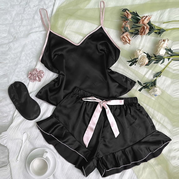 ylioge Satin Pajama Sets for Women Lightweight 2 Piece Silk Loungewear Outfits Womens Trendy Solid Color Sleeveless Tank Tops Wide Leg Shorts Pajamas
