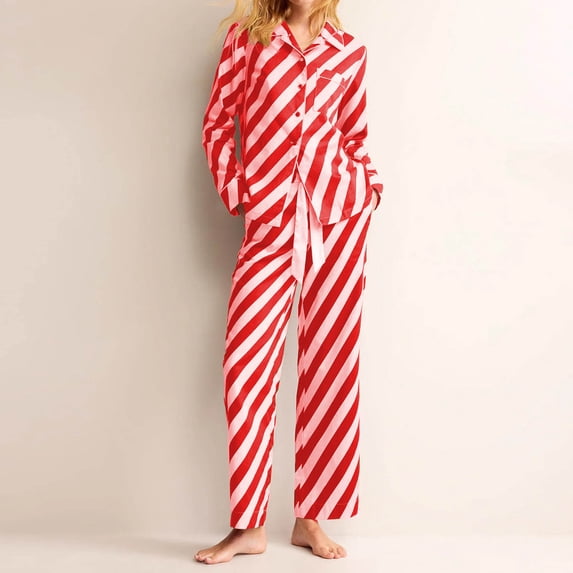 ylioge Satin Pajama Sets for Women with Pockets 2 Piece Lightweight Stripe Printed Long Sleeve Shirts Straight Leg Pants Loungewear Pajamas Suits Set
