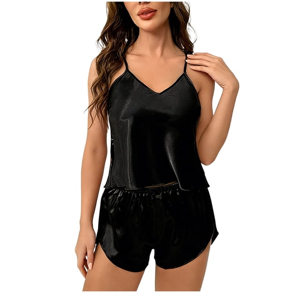 ylioge Satin Short Pajama Sets for Women Trendy Lightweight 2 Piece Solid Color Sleeveless Backless Tank Tops Wide Leg Shorts Soft Homewear Pajamas