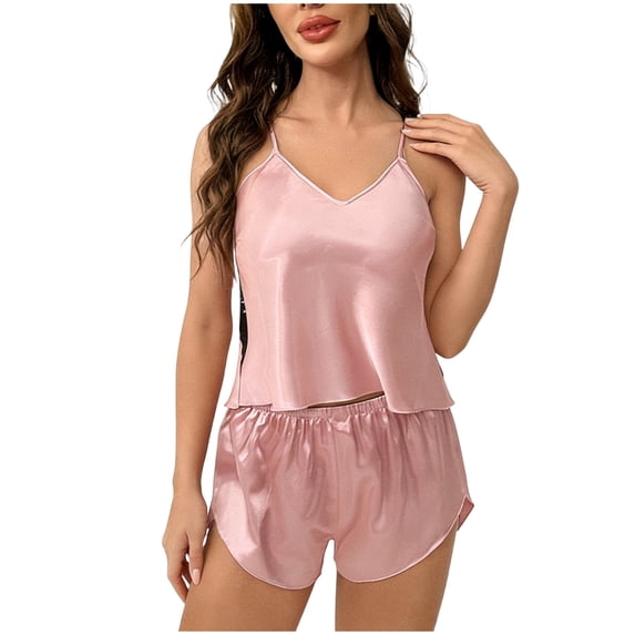 ylioge Satin Short Pajama Sets for Women Trendy Lightweight 2 Piece Solid Color Sleeveless Backless Tank Tops Wide Leg Shorts Soft Homewear Pajamas