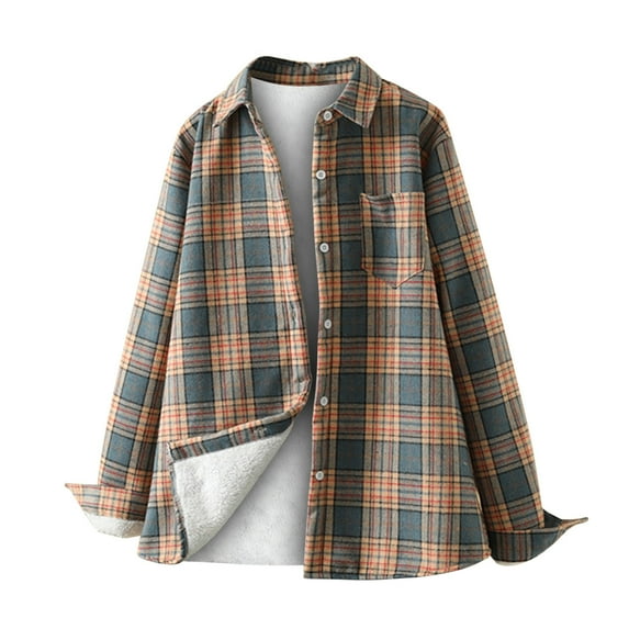 ylioge Shackets for Women 2023 with Pockets, Womens Thermal Warm Thicken Fleece Plaid Jackets Casual Long Sleeve Lapel Solid Color Button Lightweight Cardigan Fall