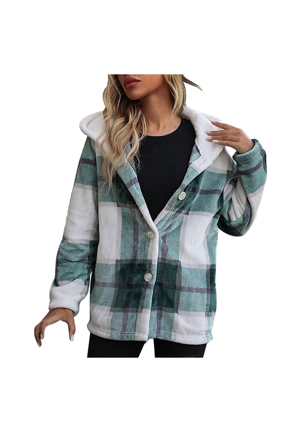 Shackets for Women 2023 Fall, Womens Faux Gold Sable Fleece Jacket Plaid Long Sleeve Hooded Button Down Winter Warm Baggy Plush Coats Jackets