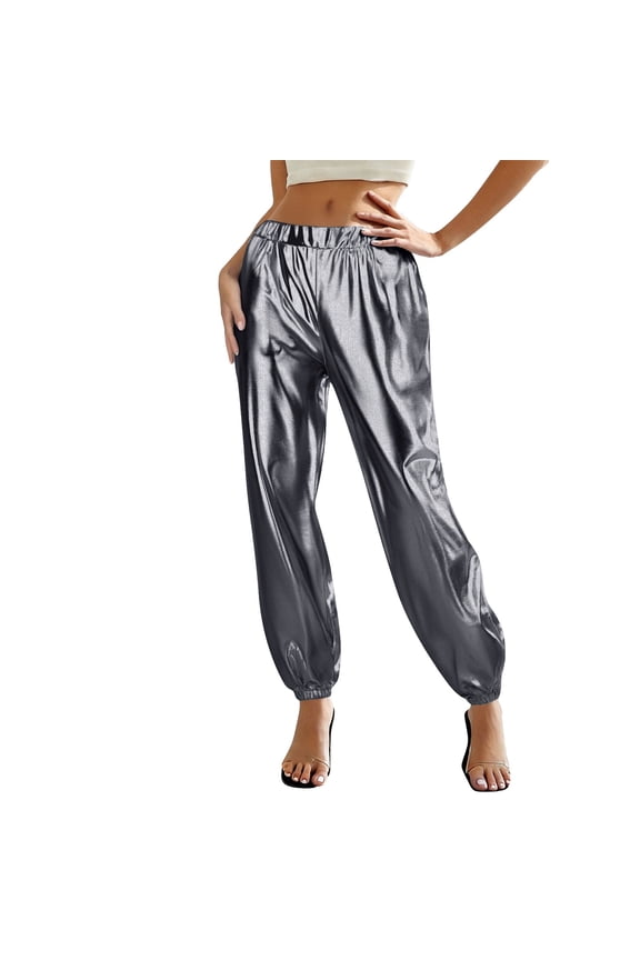 Shiny Pants for Women with Pockets Tapered Leg Elastic Waist Trousers Womens Trendy Solid Color Sparkly Dance Party Performance Pant
