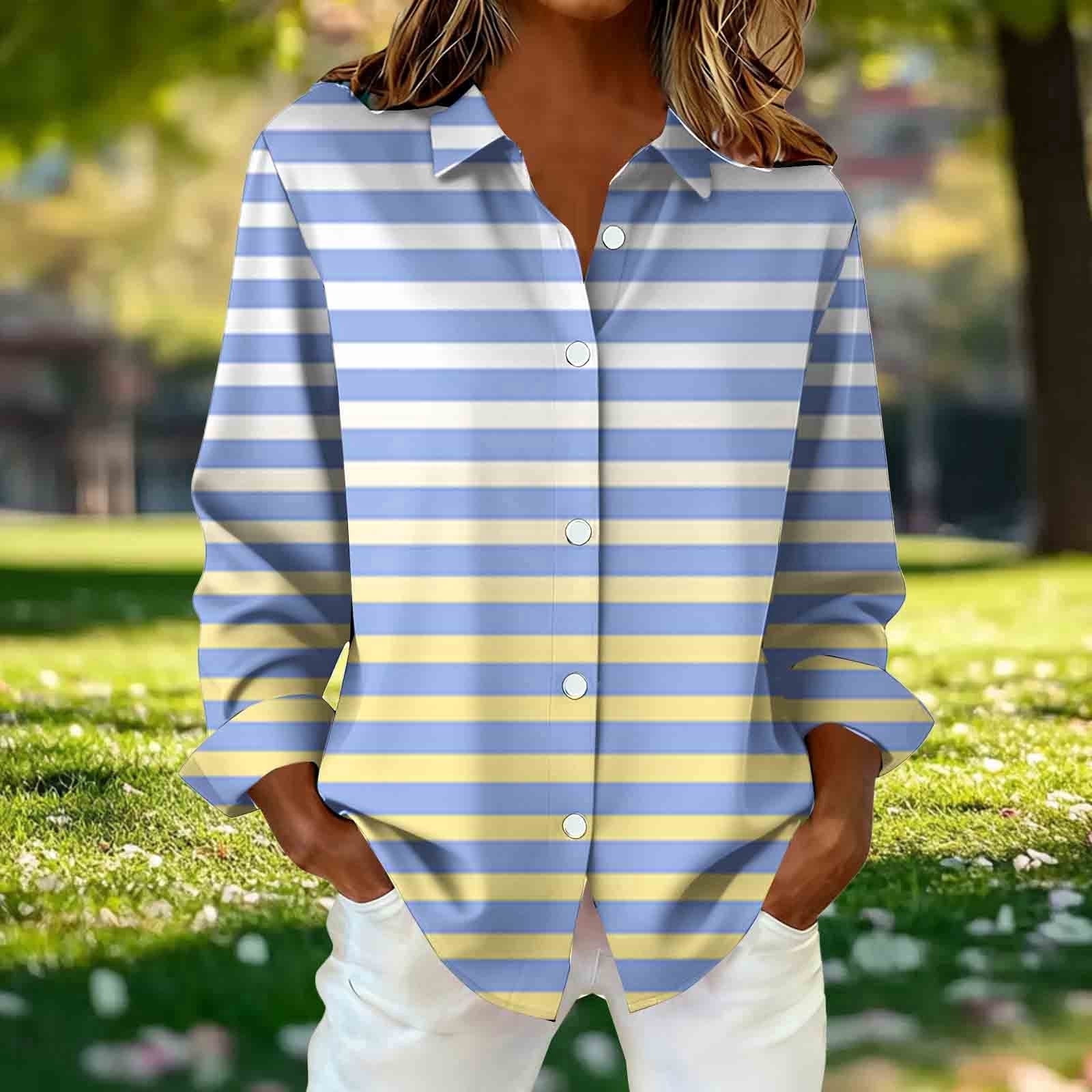 ylioge Shirts for Women Plus Size S-5X Long Sleeve Button-Down Collared Blouses Womens Trendy Stripe Printed Breathable Hawaiian Beach Tops