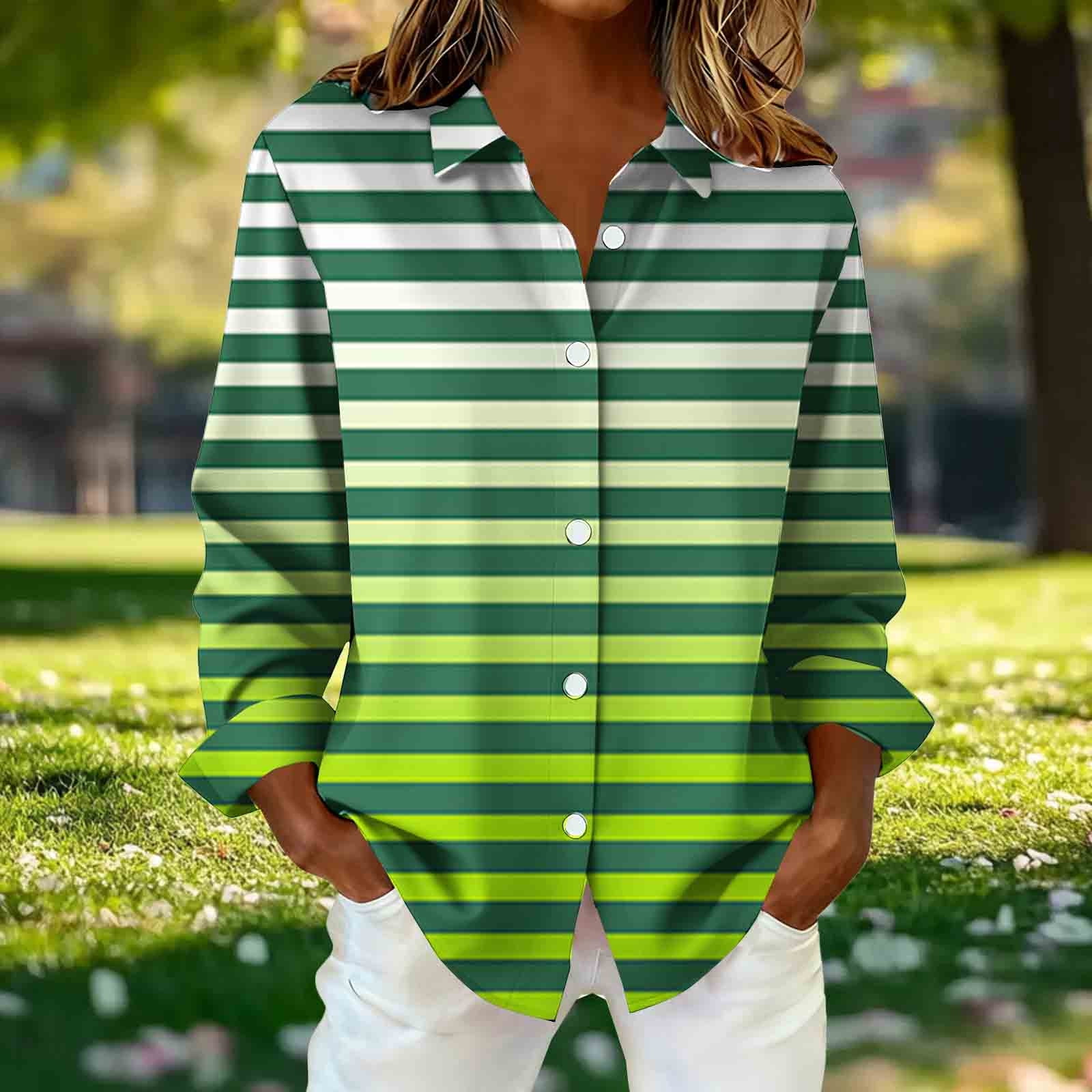 ylioge Shirts for Women Plus Size S-5X Long Sleeve Button-Down Collared Blouses Womens Trendy Stripe Printed Breathable Hawaiian Beach Tops