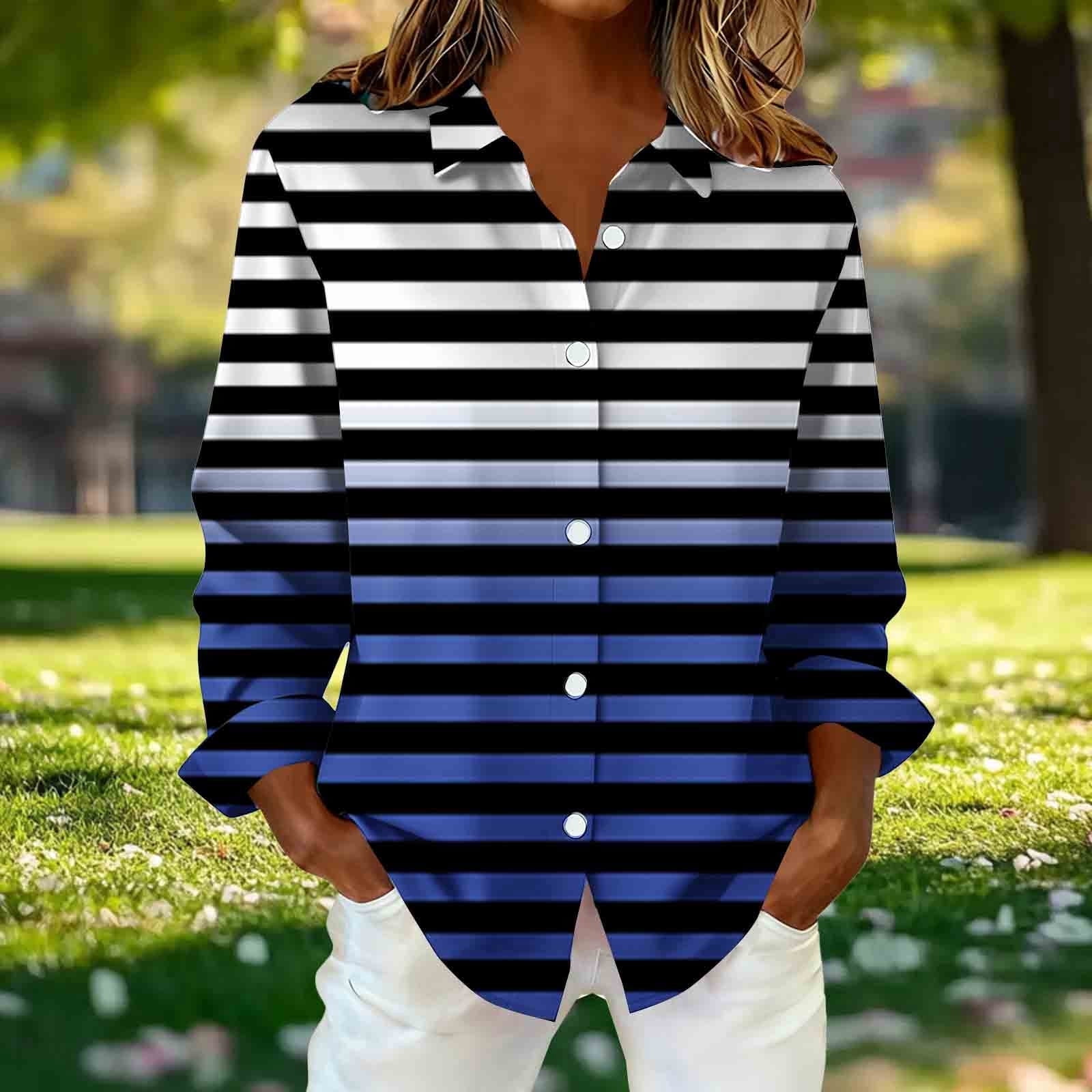 ylioge Shirts for Women Plus Size S-5X Long Sleeve Button-Down Collared Blouses Womens Trendy Stripe Printed Breathable Hawaiian Beach Tops