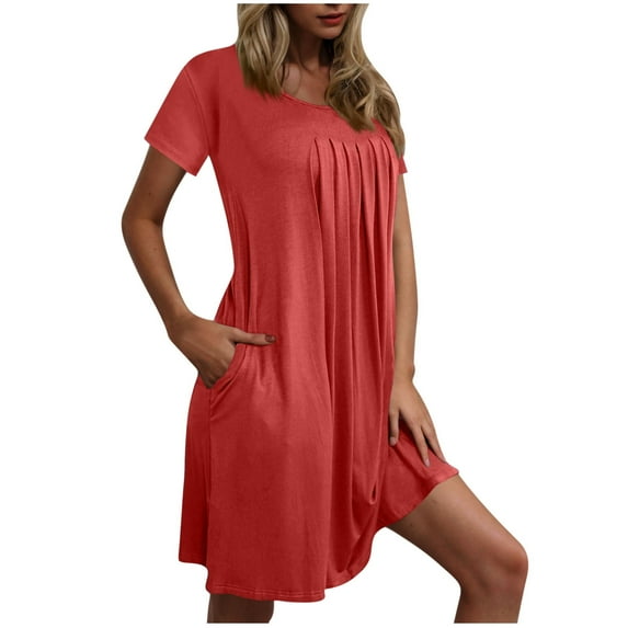 ylioge Short Sleeve Nightgowns for Women with Pockets Pullover Crewneck Sleepshirts Ladies Casual Solid Pleated Loungewear Mini Dresses