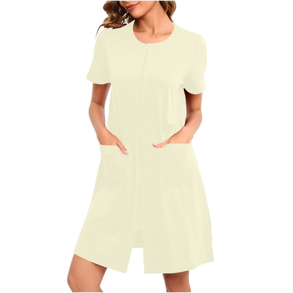 ylioge Short Sleeve Nightgowns for Women with Pockets Zipper Up Crewneck Pajama Dresses Casual Solid Slit Front Homewear Sleepshirts