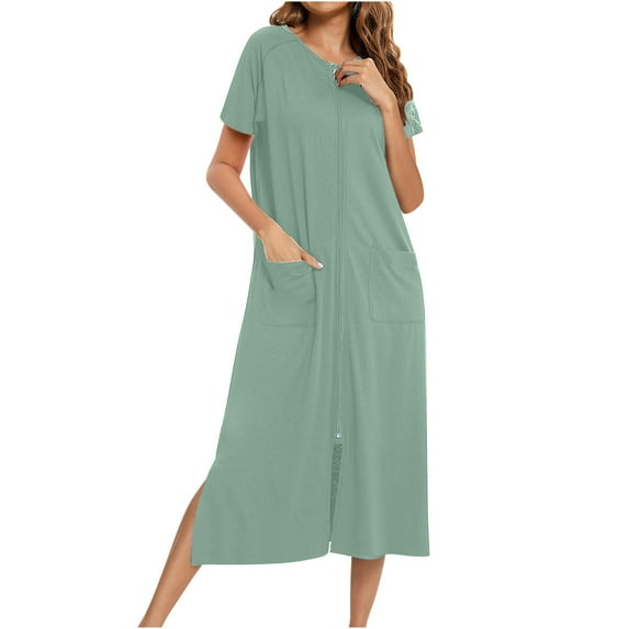 ylioge Short Sleeve Nightgowns for Women with Pockets Zipper-Up Pajama Dresses Ladies Casual Solid Crewneck Front Slit Homewear Sleepshirts