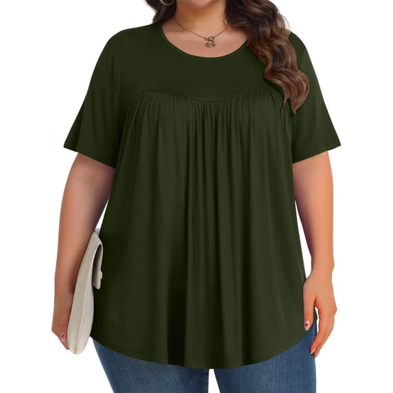 ylioge Short Sleeve T Shirts for Women Plus Size L-5X Crewneck Tunic Tops Womens Casual Solid Color Pleated Pullover Comfortable Basic Tees Top