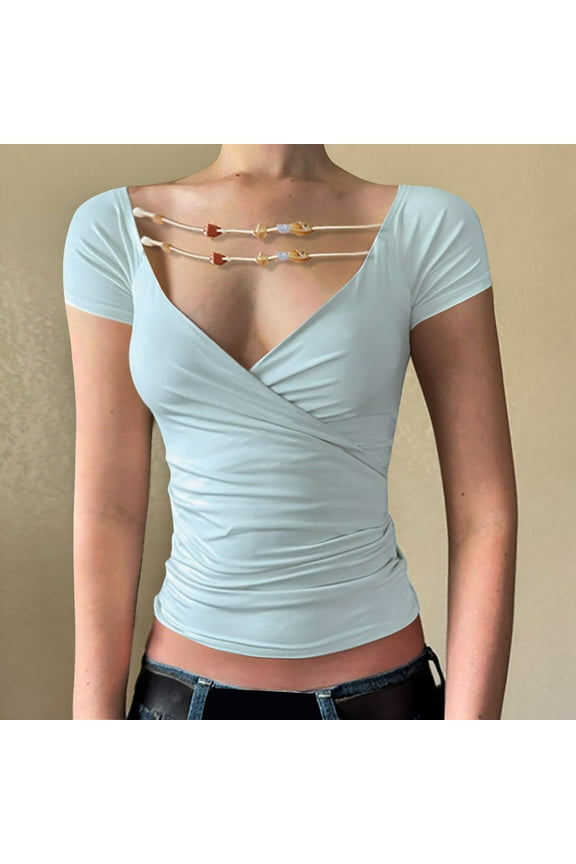 Short Sleeve T Shirts for Women with String Deep V Neck Tees Tops Womens Trendy Solid Color Stretchy Slim Pullover Going-Out Tshirts Shirt