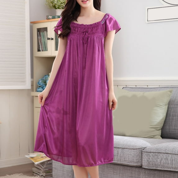 ylioge Silk Nightgowns for Women Casual Lightweight Cap Sleeve Sleepshirts Ladies Solid Color Loose Pullover Loungewear Long Dresses