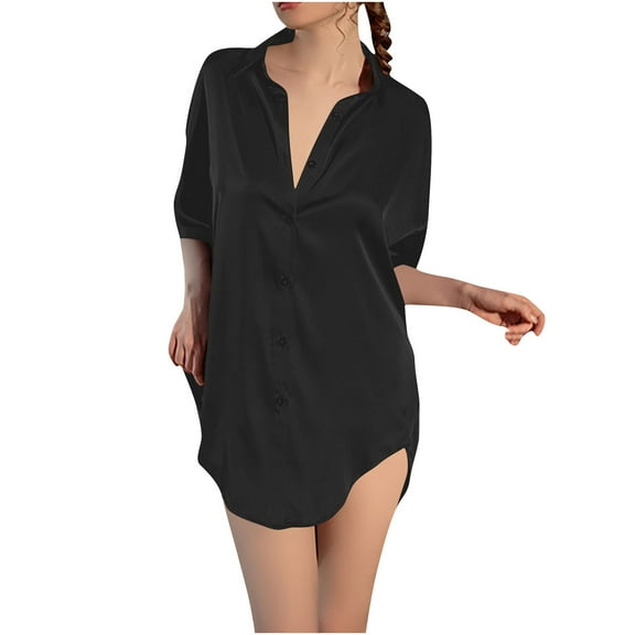 ylioge Silk Nightgowns for Women Lightweight Short Sleeve V Neck Sleepshirts Ladies Solid Pullover Back Lace Splice Pajama Shirt Dresses