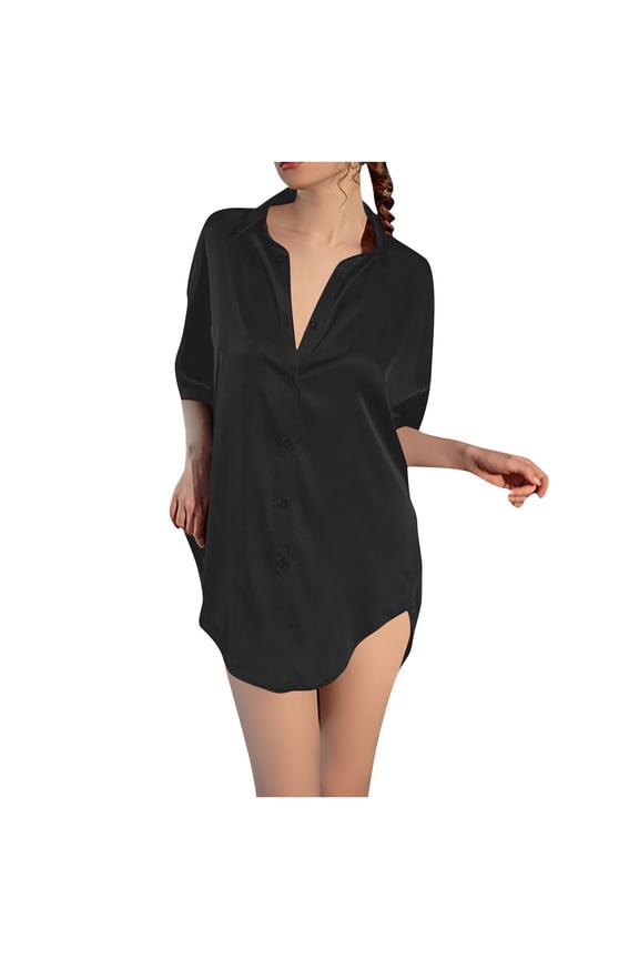 Silk Nightgowns for Women Lightweight Short Sleeve V Neck Sleepshirts Ladies Solid Pullover Back Lace Splice Pajama Shirt Dresses
