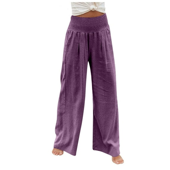 ylioge Solid Color Pants for Women Pockets High Waist Comfy Autumn Trousers Linen Daily Wear Full Length Loose Fit Wide Leg Pants Pantalones