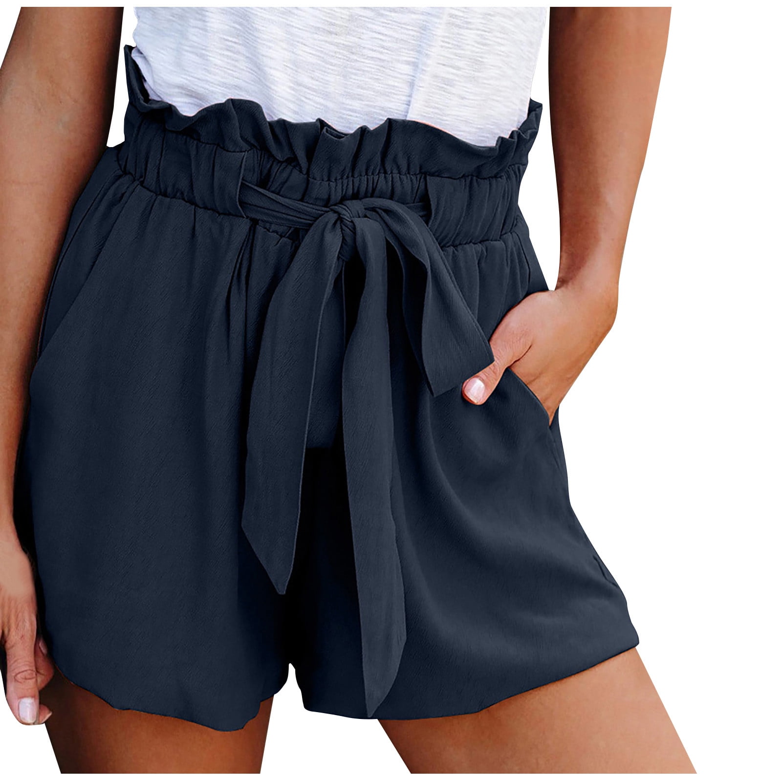 ylioge High Waist Vacation Shorts for Women Lace Up Ruffle Trendy Summer  Short Pants Pockets Solid Color Loose Fit Shorts Pantalones 