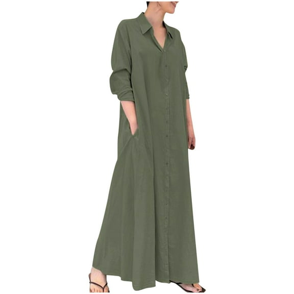 ylioge Spring Dresses for Women 2025, Womens Elegant Cotton and Linen Dress Casual Loose Long Sleeve Crewneck Pockets High Waisted Belt with Swing Pleated Hem Maxi Dresses Spring